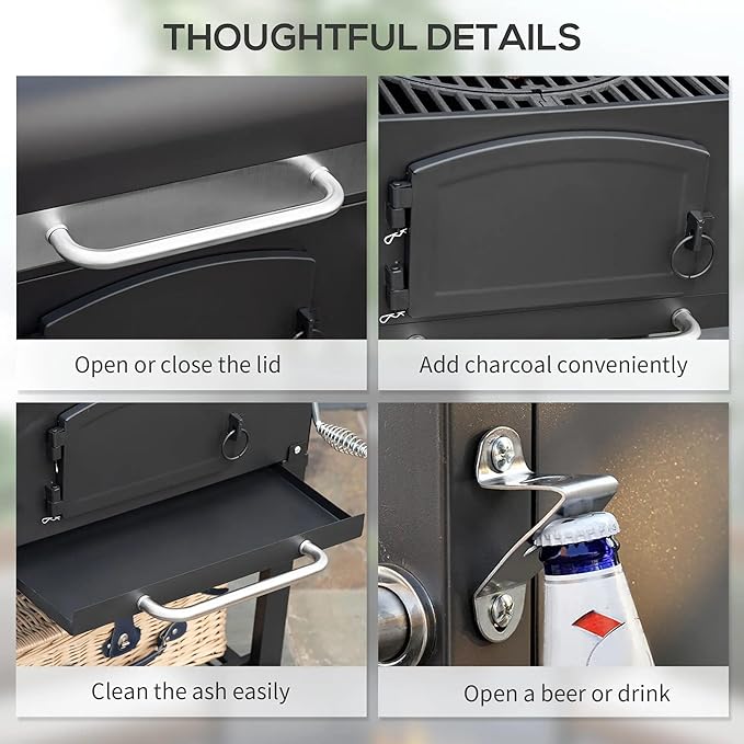 Charcoal BBQ Grill with Adjustable Height, Folding Side Shelves, Thermometer, Wheels & Storage Rack, Outdoor Barbecue Grill