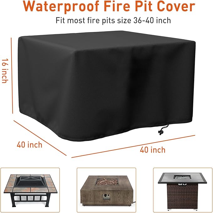 LBTING Fire Pit Cover, 40 inch Cover for 36-40 inch Square Firepit, Waterproof Windproof Dustproof UV-Resistant Heavy Duty Cover for Outdoor Patio Firepit Table - Black