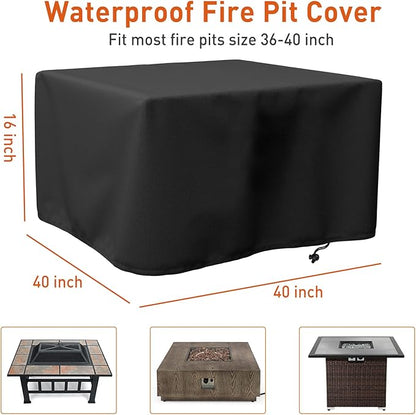 LBTING Fire Pit Cover, 40 inch Cover for 36-40 inch Square Firepit, Waterproof Windproof Dustproof UV-Resistant Heavy Duty Cover for Outdoor Patio Firepit Table - Black