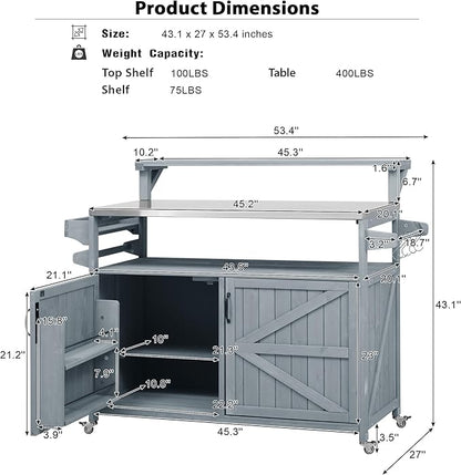 Outdoor Kitchen Island with Raised Shelf, Storage Cabinet with Stainless Steel Top,Outdoor Rolling Grill Cart with Internal Storage Rack, Adjustable Shelf,Spice Rack (Grey+Blue-@Outdoor cart)