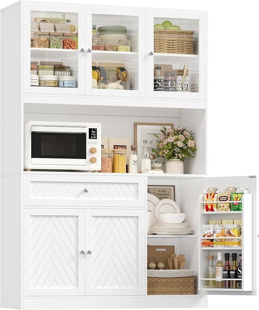 BOTLOG 72” Tall Kitchen Pantry Storage Cabinet with Painted Strip Door | Modern White Kitchen Hutch with Large Storage Drawer, Countertop, Adjustable Shelves for Dining Room, Living Room
