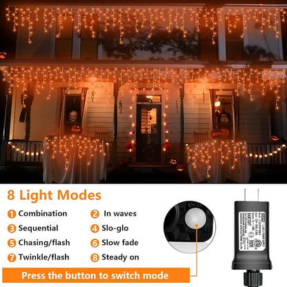 QITONG Orange Lights for Halloween, 99ft 1200 LED Icicle Lights for Outside Plug in, Clear Wire String Light Indoor with 8 Modes for Thanksgiving Fall Décor