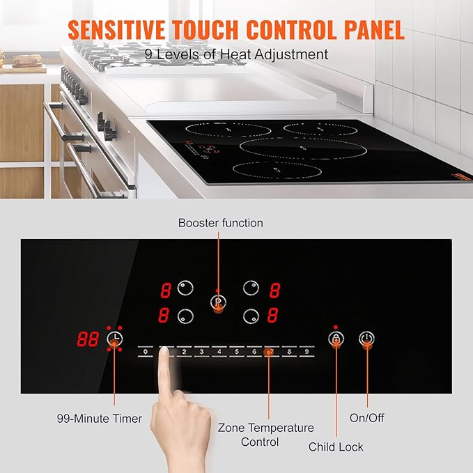 VEVOR Electric Cooktop, 4 Burners, 30'' Induction Stove Top, Built-in Magnetic Cooktop 7500W, 9 Heating Level Multifunctional Burner, LED Touch Screen w/Child Lock & Over-Temperature Protection