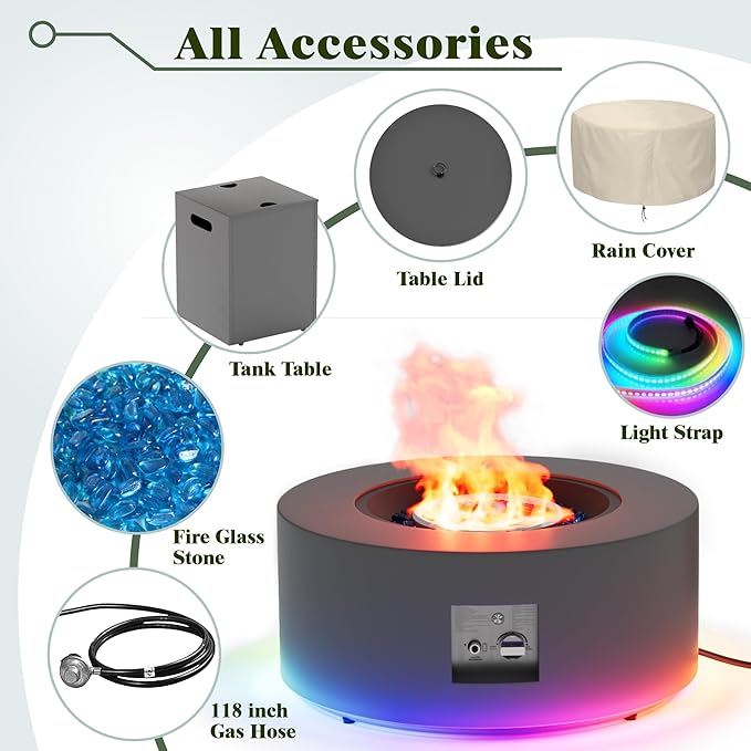 2-Piece Outdoor Propane Fire Pit Table Set w Tank Side Table 30'' Round Fire Pit Table 2-in-1 Firepit Table for Outside Patio Gas Fire Pit w 304 Stainless Steel Burner 50,000 BTU, Dark Gray w RGB LED