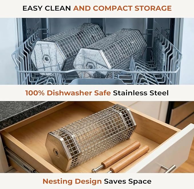 2 Pack Rolling Grill Basket – Stainless Steel Grilling Basket with Lid and Removable Wooden Handle – BBQ Accessories for Vegetables, Shrimp, Meat – Outdoor Cooking Gift for Dad or Husband – Otawe