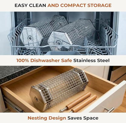 2 Pack Rolling Grill Basket – Stainless Steel Grilling Basket with Lid and Removable Wooden Handle – BBQ Accessories for Vegetables, Shrimp, Meat – Outdoor Cooking Gift for Dad or Husband – Otawe