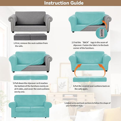 WEERRW Velvet Stretch 3 Pieces Couch Cover for Sofa Washable, Aqua | Love Seat Couch Covers for 2 Cushion Couch Sofa Furniture Protector slipcoves with Elastic Bottom for Kids, Medium