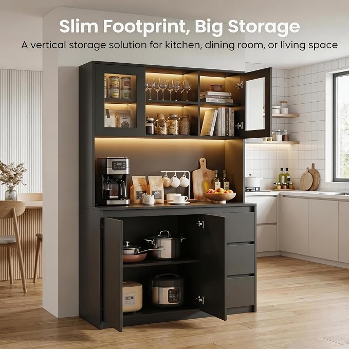 71" Kitchen Pantry Cabinet,Tall Storage Cabinet with Shelves Adjustable | Kitchen Storage Hutch with Microwave Shelf,Coffee Bar,Led Lights&Charging Station,Corner Pantry Cabinet for Living Room