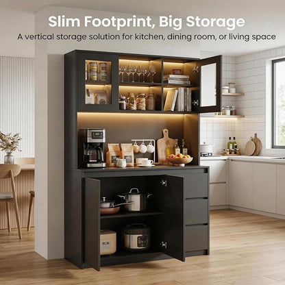 71" Kitchen Pantry Cabinet,Tall Storage Cabinet with Shelves Adjustable | Kitchen Storage Hutch with Microwave Shelf,Coffee Bar,Led Lights&Charging Station,Corner Pantry Cabinet for Living Room