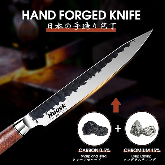 Huusk Japanese Slicing Knife 8 Inch Sushi Knife, Hand Forged Sashimi Knives with Ergonomic Handle for Carving Turkey Cutting Meats, Vegetables, and Fruits, Gifts Idea for Men and Women