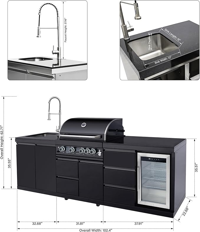 102" Outdoor Kitchen Island with Grill, 4-Burner 59,500 BTU Propane BBQ Island, Refrigerator, Sink with Trash Can Holder & 3-Drawer Cabinet, for Backyard and Patio Cooking, Black