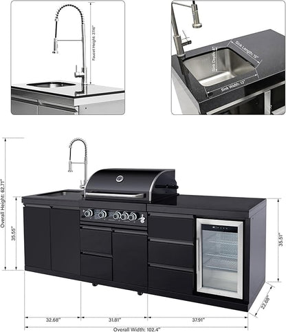 102" Outdoor Kitchen Island with Grill, 4-Burner 59,500 BTU Propane BBQ Island, Refrigerator, Sink with Trash Can Holder & 3-Drawer Cabinet, for Backyard and Patio Cooking, Black