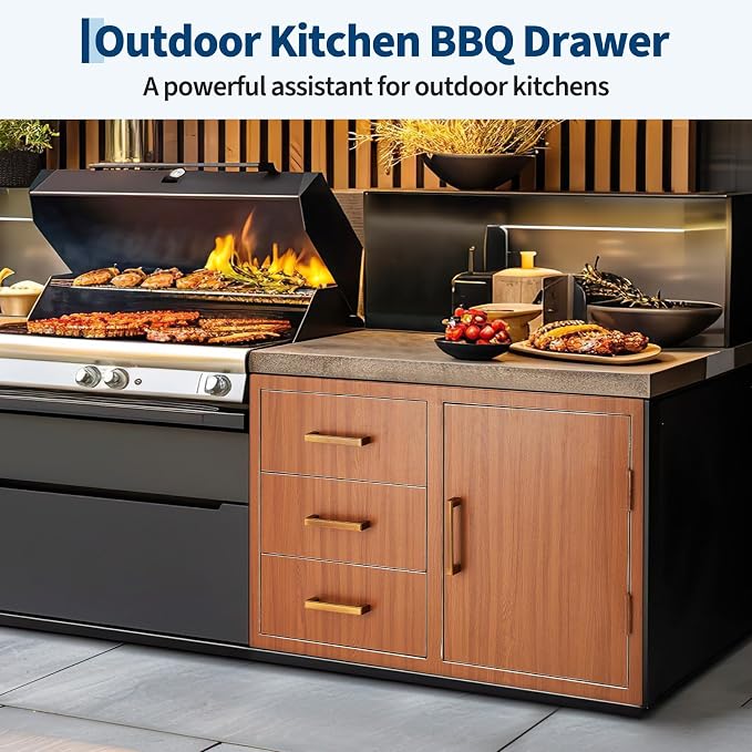 PeakPursuit Stainless Steel Outdoor Kitchen Door Drawer Combo - Triple Drawers & Access Door, Propane Storage & Adjustable Garbage Ring, Weather-Resistant Flush Mount, 38.2" W x 22.6" D x 20.5" H