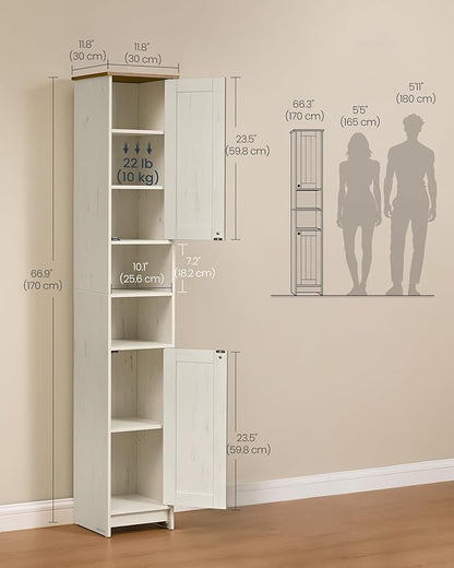 SONGMICS Home 67-Inch Tall Bathroom Storage Cabinets, Superfast Toolless Assembly, 11.8-Inch Wide Slim Narrow Freestanding Cabinet with Adjustable Shelves, Kitchen Living Room, 2 Pack, Rustic White
