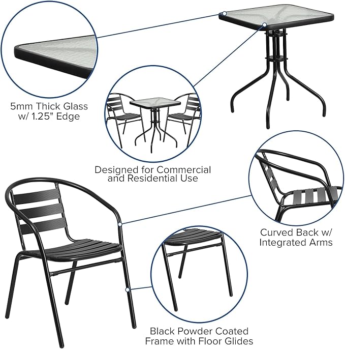 Flash Furniture Lila 23.5'' Square Glass Metal Table with 2 Black Metal Aluminum Slat Stack Chairs
