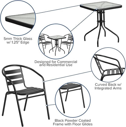 Flash Furniture Lila 23.5'' Square Glass Metal Table with 2 Black Metal Aluminum Slat Stack Chairs