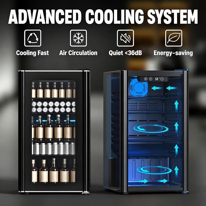 COWSAR 3.2 Cu. Ft. Beverage Refrigerator, Up to 130 Cans or 26 Bottles | Electronic controls with an LED display adjust cooling from 32–61°F, while the glass door keeps drinks easy to view.