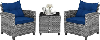 HAPPYGRILL 3 Pieces Patio Conversation Set, Outdoor Furniture Set PE Rattan Sofa Set with Removable Cushions, PE Wicker Chairs with Tempered Glass Side Table for Porch Lawn Garden Balcony Backyard
