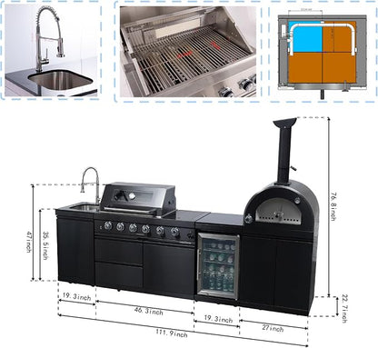 112" Outdoor Kitchen Island,Propane BBQ Grill with Pizza Oven,108000 BTU. | Stainless Steel Grill with Side Burner,Rotisserie,Refrigerator,Granite Countertop,Sink & Storage Cabinets.Sleek Black Finish.