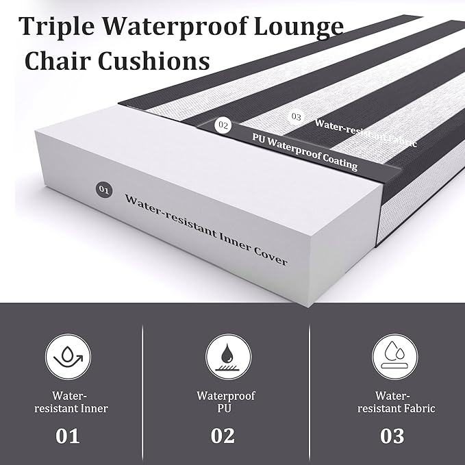 Chaise Lounge Cushions Outdoor Set of 2 Lounge Chair Cushion 80" L x 26" W with Headrest Straps 3'' Thick Waterproof Patio Chaise Cushions Pool Lounger Chair Cushion(Black Stripe)