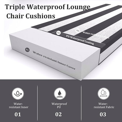 Chaise Lounge Cushions Outdoor Set of 2 Lounge Chair Cushion 80" L x 26" W with Headrest Straps 3'' Thick Waterproof Patio Chaise Cushions Pool Lounger Chair Cushion(Black Stripe)