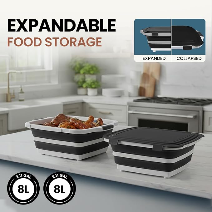 BBQ Prep Tub 2 Pack (8L+8L) - Multifunctional Collapsible Camping Cutting Board with Upgraded Locking lid, Meal Prep Meat Storage Container Perfect for Grilling, Outdoor Cooking (Large x 2)