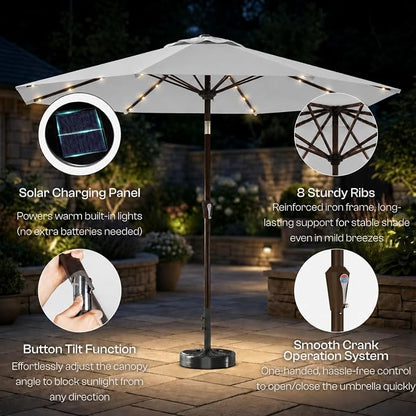 10FT Solar Lighted Patio Umbrella, Outdoor Table Market Umbrellas with Push Button Tilt and Crank, 32 LED Lights, 8 Sturdy Ribs, UV-Resistant for Deck, Garden, Pool