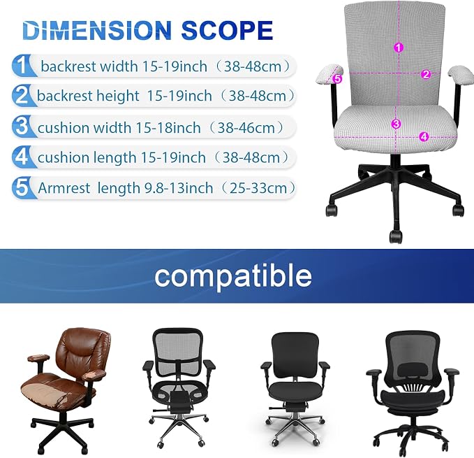 Tallew 8 Pcs Office Chair Covers Stretchable Armrest Seat,XL,Silver Grey | Universal Fit Office Desk Chairs, Protective Seat Backrest Slipcovers, Stretchable Prevent Wear, Easy Install for Rotating