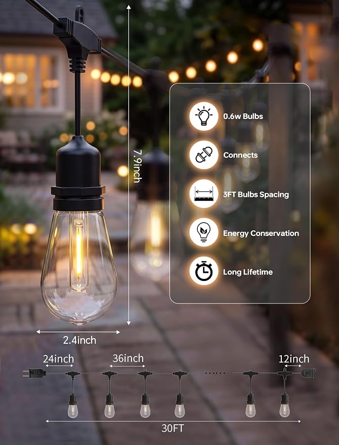 30FT LED Outdoor String Lights for Patio with 10+1L Shatterproof Bulbs | IP65, Shatterproof Edison Bulbs, Connectable Hanging Lights for Outdoor Backyard, Deck, Gazebo, Balcony, Camping, Party