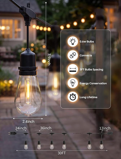 30FT LED Outdoor String Lights for Patio with 10+1L Shatterproof Bulbs | IP65, Shatterproof Edison Bulbs, Connectable Hanging Lights for Outdoor Backyard, Deck, Gazebo, Balcony, Camping, Party