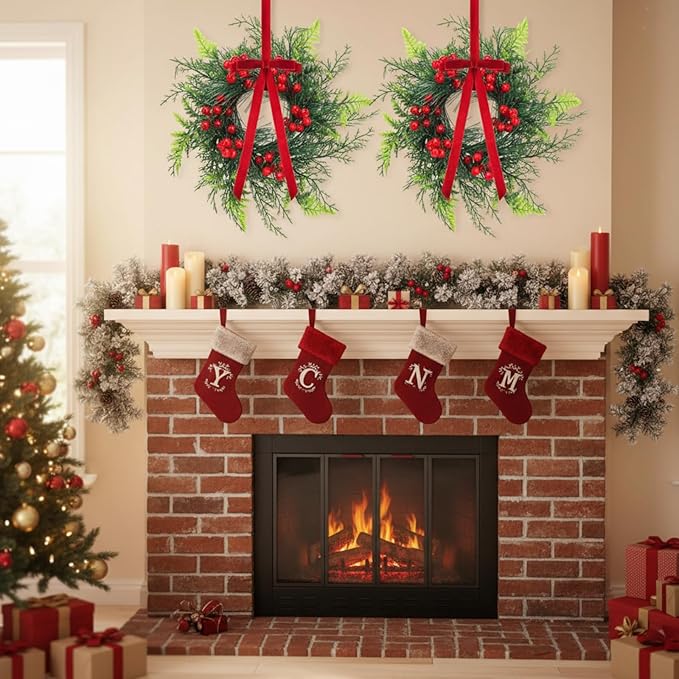 Suncalla 4 Pcs 11 Inch Mini Christmas Cabinet Wreath for Kitchen Christmas Berry Hanging Cabinet Wreath Decor with Red Bow Artificial Pine Candle Ring for Xmas Door Fireplaces Table Centerpiece