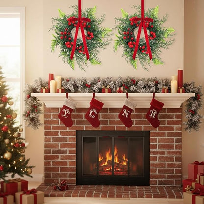 Suncalla 4 Pcs 11 Inch Mini Christmas Cabinet Wreath for Kitchen Christmas Berry Hanging Cabinet Wreath Decor with Red Bow Artificial Pine Candle Ring for Xmas Door Fireplaces Table Centerpiece