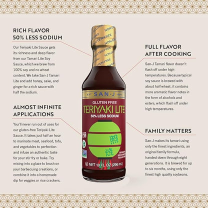 San-J - Gluten Free LITE Teriyaki Sauce with 50% Less Sodium - Well-balanced Sauce for Cooking - Non-GMO - 10 oz. Bottles - 2 Pack