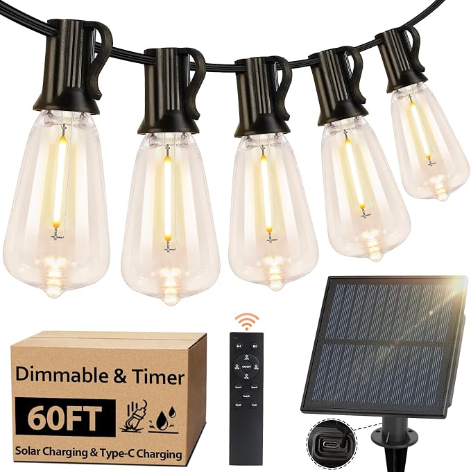 ST38 Solar Outdoor String Lights Waterproof Dimmable, 60FT | Solar Powered String Lights for Outside with LED Shatterproof Bulbs, Patio Hanging Lights String for Backyard Garden Party