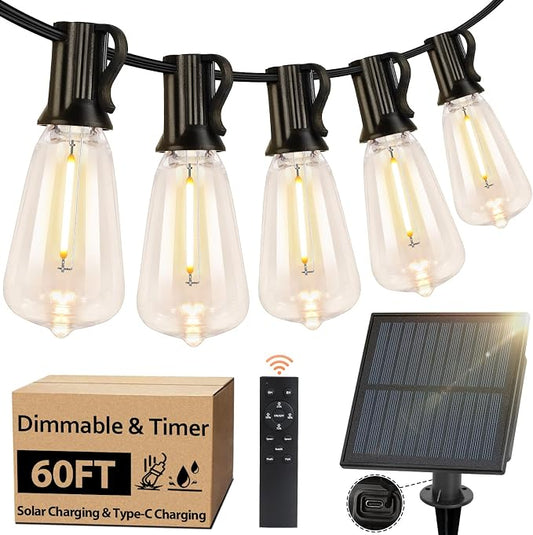 ST38 Solar Outdoor String Lights Waterproof Dimmable, 60FT | Solar Powered String Lights for Outside with LED Shatterproof Bulbs, Patio Hanging Lights String for Backyard Garden Party
