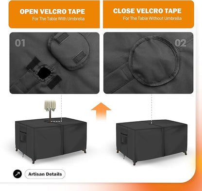 Rectangular Patio Table Cover with Umbrella Hole 72"L x 44"W x 23"H (COVER SIZE，NOT TABLE SIZE) Heavy Duty Waterproof Black Set Tarpaulins