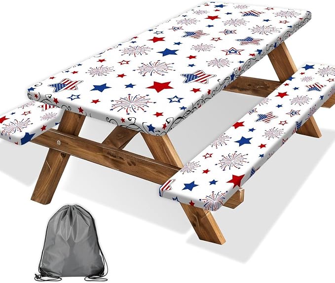 Picnic Table Cover with Bench Covers and Carrying Bag, Red and Blue Stars Fitted Table Cover, Outdoor Patio Camping Essentials, Waterproof Camping Fitted Tablecloth with Drawstring Bag, 30X60inch