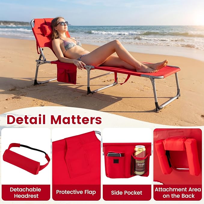 COSTWAY Tanning Chair with Face Hole, Folding Beach Lounge Chair with 4-Position Adjustable Backrest, Pillow & Side Pocket, Foldable Chaise Lounge Chair Outdoor for Sunbathing, Camping (2, Red)