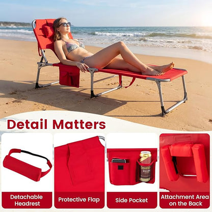 COSTWAY Tanning Chair with Face Hole, Folding Beach Lounge Chair with 4-Position Adjustable Backrest, Pillow & Side Pocket, Foldable Chaise Lounge Chair Outdoor for Sunbathing, Camping (2, Red)