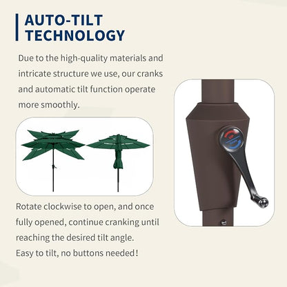 9FT 3 Tiers Patio Umbrella With Auto Tilt And Crank, Outdoor Table Market Umbrella with 8 Sturdy Ribs for Garden, Lawn, Deck, Backyard and Pool