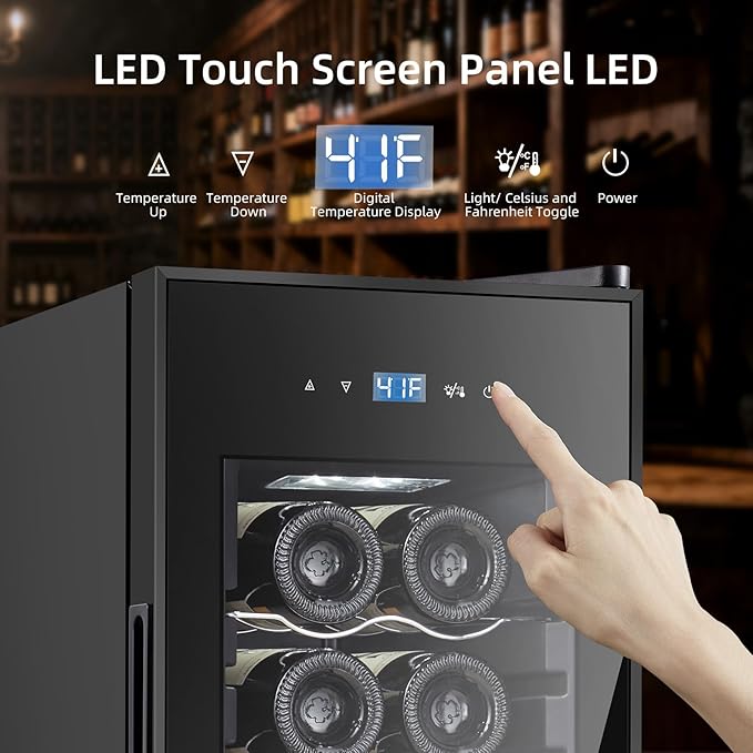 Mini Wine Fridge, 12 Bottle Compressor Wine Cooler Refrigerator, Freestanding Wine Cellar For Red&White Wine, Digital Temperature Control, Removable Shelves, Glass Door