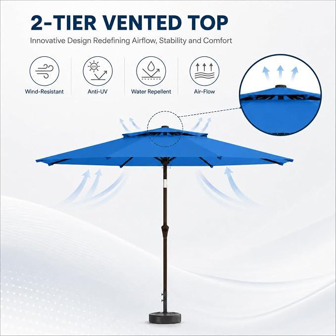 10FT Patio Umbrella, 2 Tier Outdoor Table Umbrella, Large Vented Market Umbrellas with Push Button Tilt and Crank, 8 Sturdy Ribs for Backyard, Deck, Pool, UPF50+ UV Protection