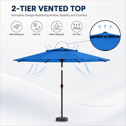 10FT Patio Umbrella, 2 Tier Outdoor Table Umbrella, Large Vented Market Umbrellas with Push Button Tilt and Crank, 8 Sturdy Ribs for Backyard, Deck, Pool, UPF50+ UV Protection