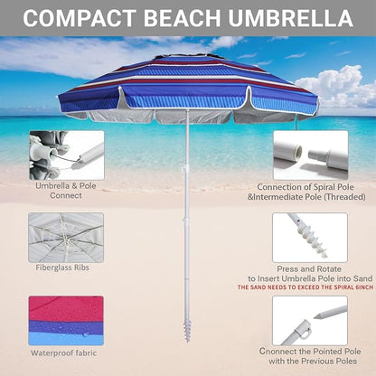 LOTTAFUN 6ft Beach Umbrella - Heavy Duty Wind Resistant UV 50+ Portable Sun Shade with Sand Anchor & Carry Bag, Outdoor Folding Umbrella for Beach, Pool, Patio, Garden (Blue color strip) No Tilt The sand needs to exceed the spiral 6inch