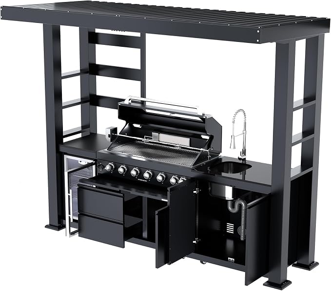 108" Natural Gas Covered Outdoor Kitchen Island with Roof, 6-Burner 85,000 BTU BBQ Island with Refrigerator, Rotisserie, Integrated Sink & Prep Station, for Backyard and Patio Cooking, Black