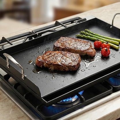 25" x 16" Cast Iron Griddle for Gas Grill with Silicone Griddle Tool Kit, Pre-Seasoned Grill Griddle for Gas/Charcoal Grills, Flat Top Grill Accessories Set with Spatulas, Scraper Cleaning Brush