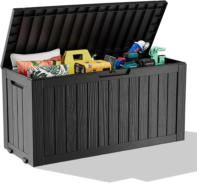 PatioZen 75 Gallon Large Deck Box,Resin Outdoor Storage Box with Lockable for Patio Furniture, Pool Accessories, Garden Tools Waterproof Outside Storage Box, Black