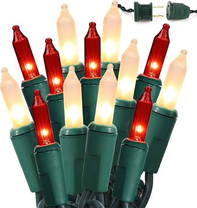 BrizLabs Red & White Christmas Lights, 300 Count 69.6ft Mini Outdoor Lights | Incandescent; Connectable; UL Certified; Waterproof Christmas Light String Plug-in Green Wire Indoor Ourside Xmas Tree Decor