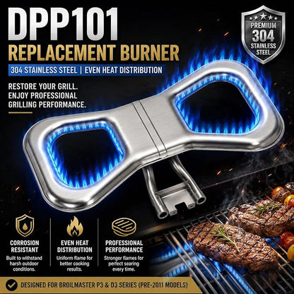 DPP101 Stainless Steel Burner Set, Replacement for Broilmaster D3/P3Gas Grills (Pre-2011 Models) , 304 Stainless Steel Grill Replacement Burner, Includes Dual Venturi Tubes & Full Mounting Hardware