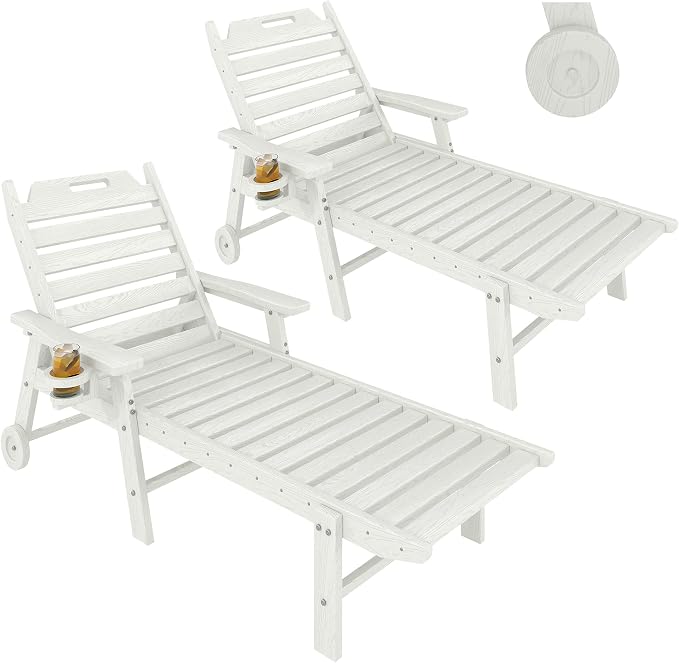 2 Pack HDPE Lounge Chair Outdoor with Cup Holder & 5-Position Backrest | All-Weather & Wood Textured for Patio Poolside Deck Backyard, White